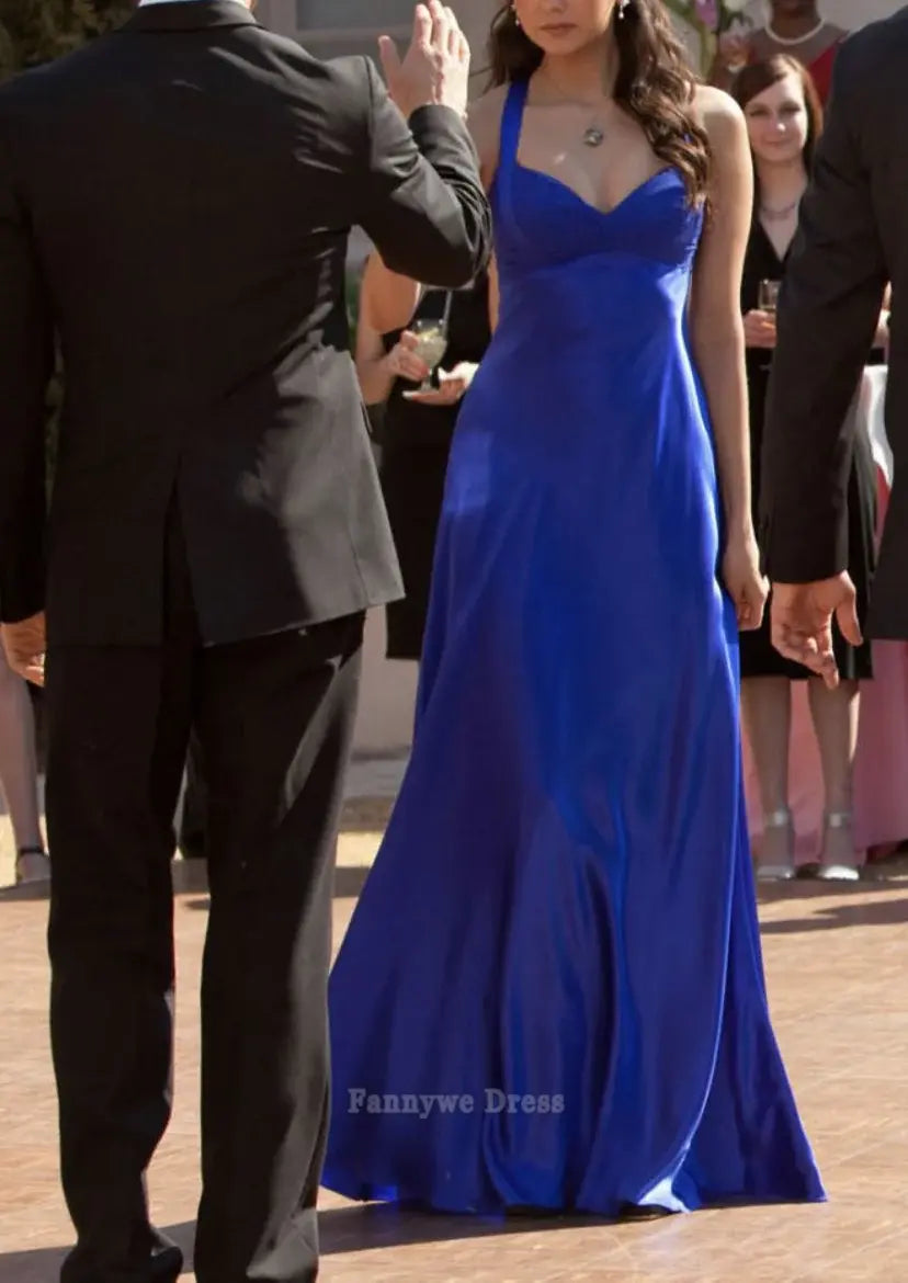 A-Linie Schlicht Vintage Königsblau Satin Lange Abendkleider Brautjungfernkleider Abendkleid Ballkleid 