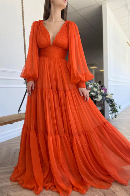 A-line Chiffon Floor Length Long Sleeve Evening Party Dress Prom Dress