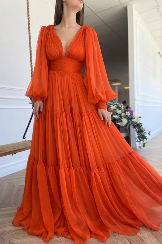A-line Chiffon Floor Length Long Sleeve Evening Party Dress Prom Dress