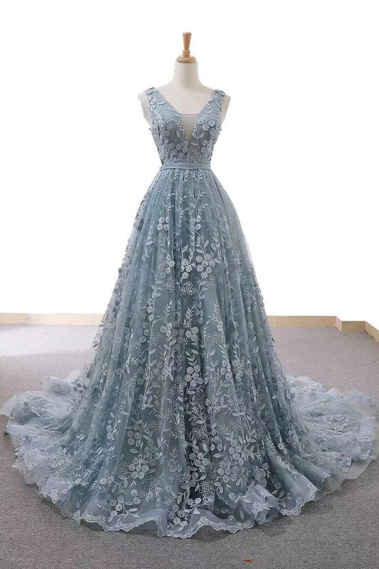 Tulle lace long prom dress