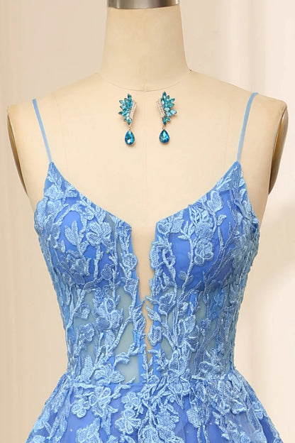 A-Linie Spaghettiträger Rücken Langes Tüll Ballkleid mit Applikationen
