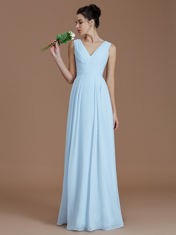 A-Line V-neck Sleeveless With Ruched Floor-Length Chiffon Bridesmaid Dresses
