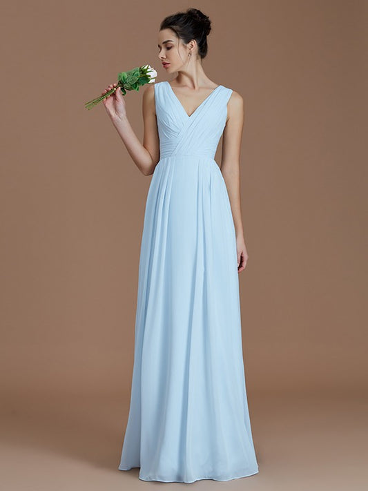 A-Linie V-Ausschnitt Ärmellos Mit Rüschen Bodenlang Chiffon Brautjungfernkleider
