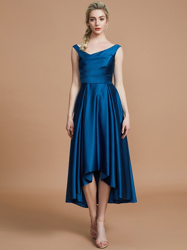 A-Line V-neck Satin Asymmetrical Sleeveless Bridesmaid Dresses
