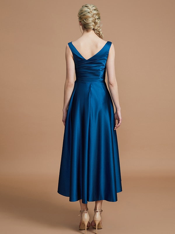 A-Line V-neck Satin Asymmetrical Sleeveless Bridesmaid Dresses