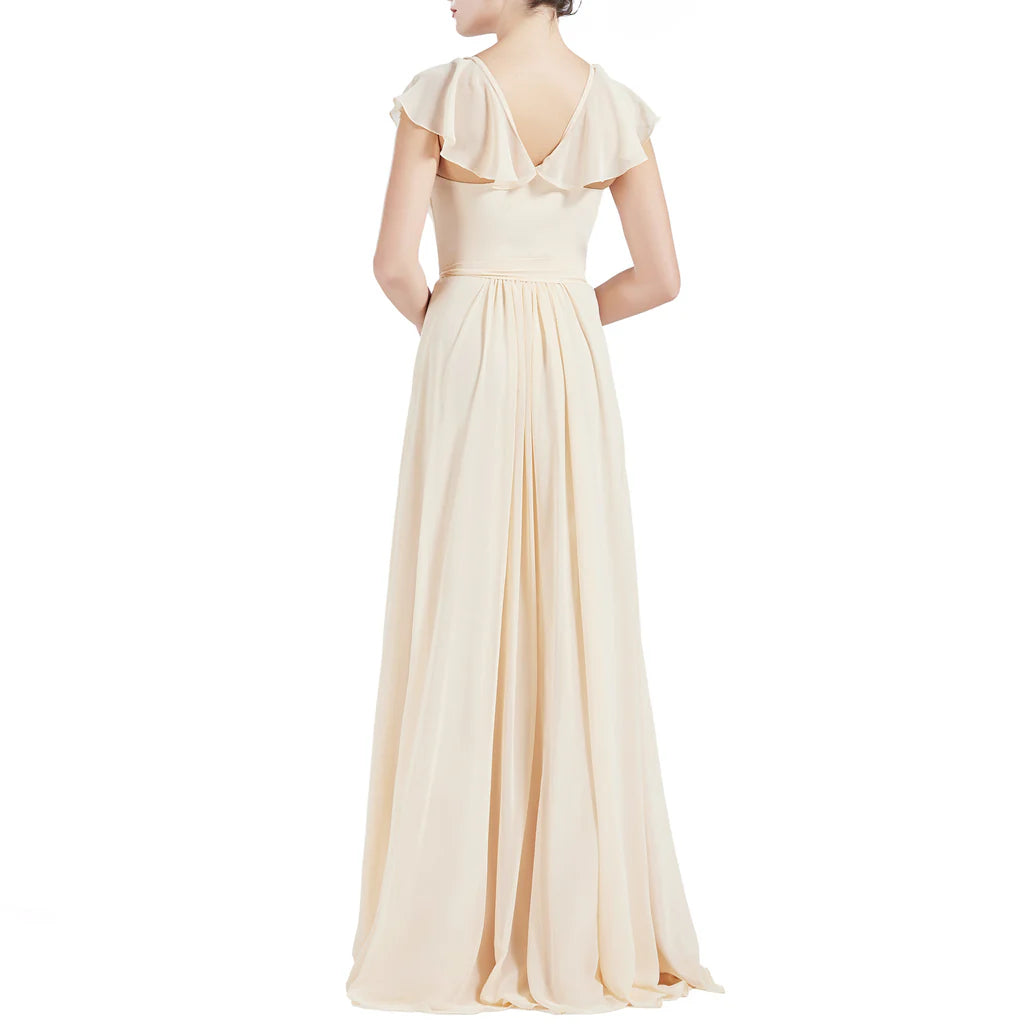 V Neck Ruffle Cap Sleeves Long Bridesmaid Dresses