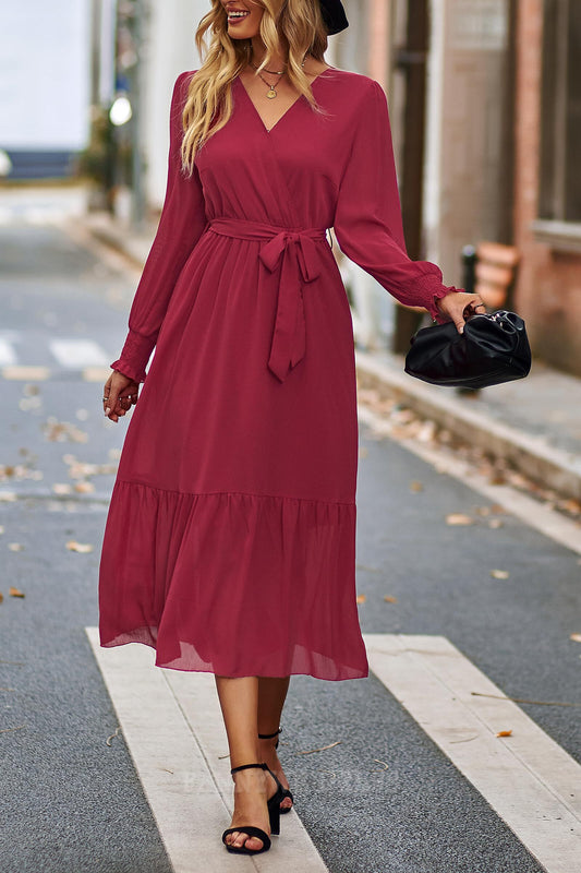 A-Linie V-Ausschnitt Langarm Wickelkleid Rüschen Gürtel Abendkleider Brautjungfernkleider Abendkleid Ballkleid 