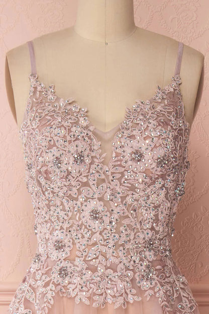 V neck tulle lace applique long prom dress