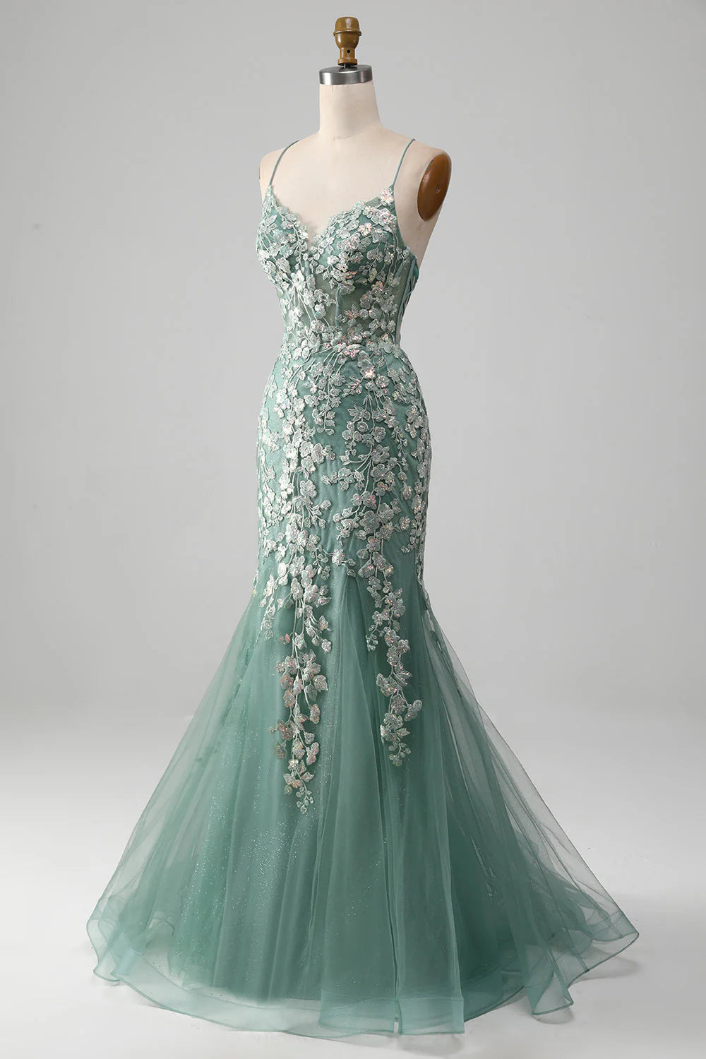 Mermaid Lace Back Appliques Prom Dress
