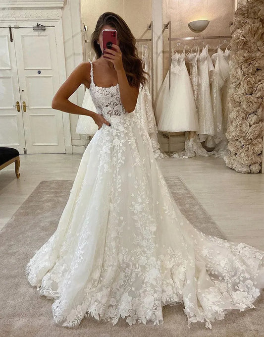 A-Linie Spaghettiträger Brautkleid mit Applikationen 