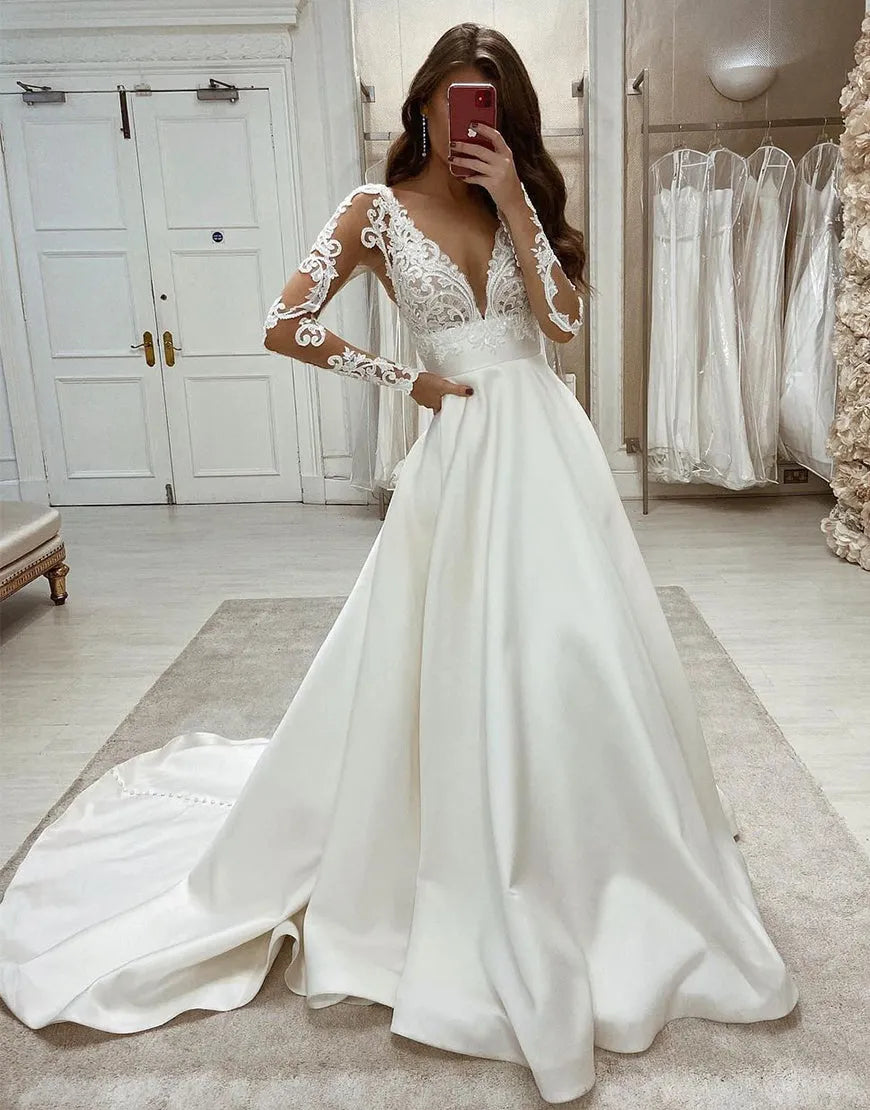 A-Linie V-Ausschnitt Spitzen-Chiffon-Brautkleid 