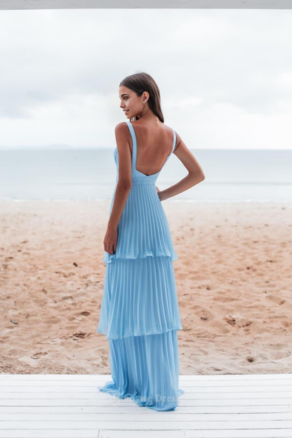 A-line Charming Backless Tiered Blue formal dresses Bridesmaid Dresses evening gown Prom Dress