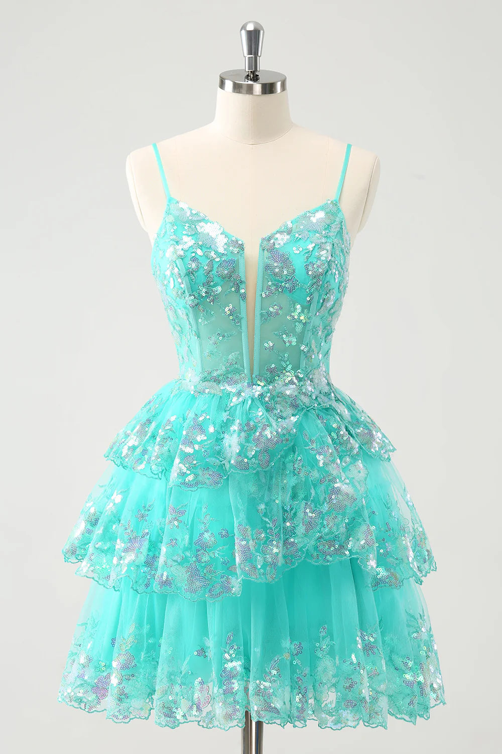 A-Line Cute Sparkly Spaghetti Straps Tiered Homecoming Dress with Sequins