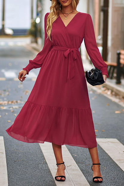 A-Linie V-Ausschnitt Langarm Wickelkleid Rüschen Gürtel Abendkleider Brautjungfernkleider Abendkleid Ballkleid 