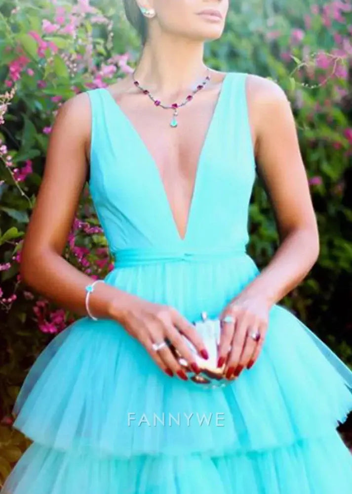 A-line V-neck elegant long floor-length tulle formal dresses Bridesmaid Dresses evening gown Prom Dress