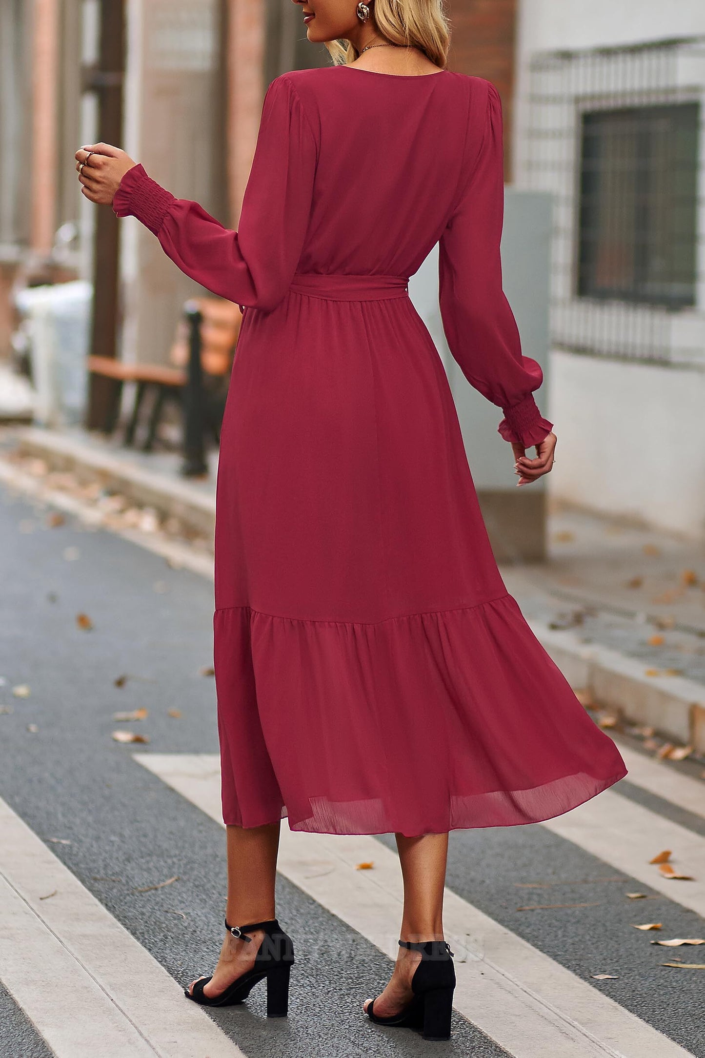 A-Linie V-Ausschnitt Langarm Wickelkleid Rüschen Gürtel Abendkleider Brautjungfernkleider Abendkleid Ballkleid 