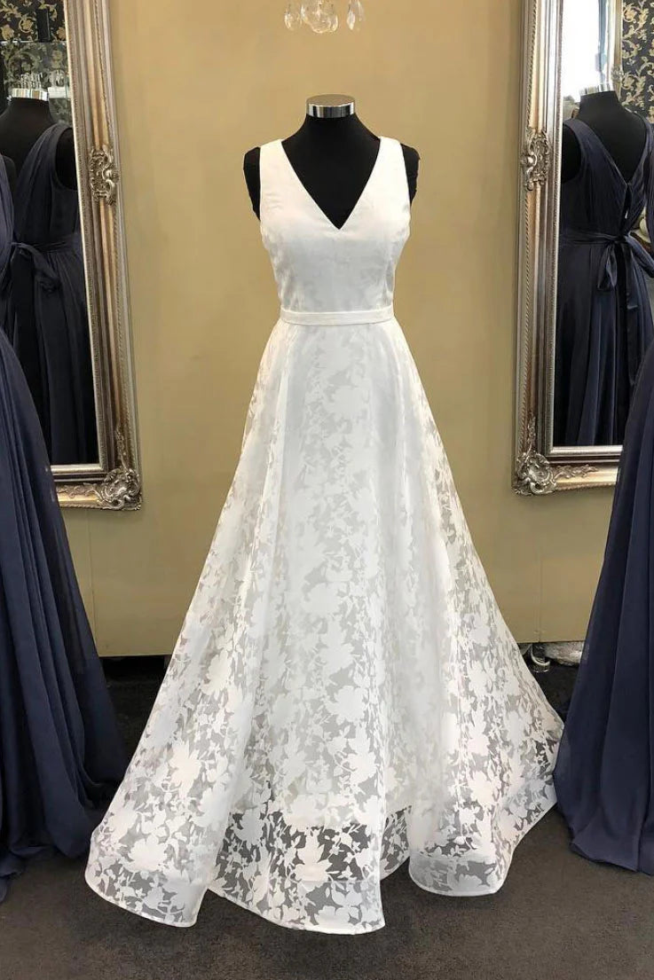 V neck satin lace long Wedding Dresses