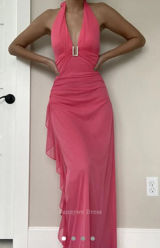 Sheath Vintage Halter V Neck Long formal dresses Bridesmaid Dresses evening gown Prom Dress