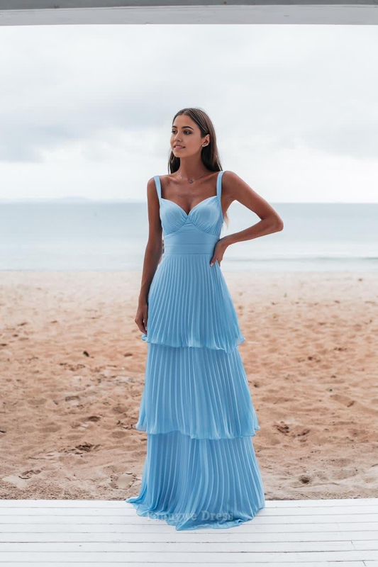 A-line Charming Backless Tiered Blue formal dresses Bridesmaid Dresses evening gown Prom Dress