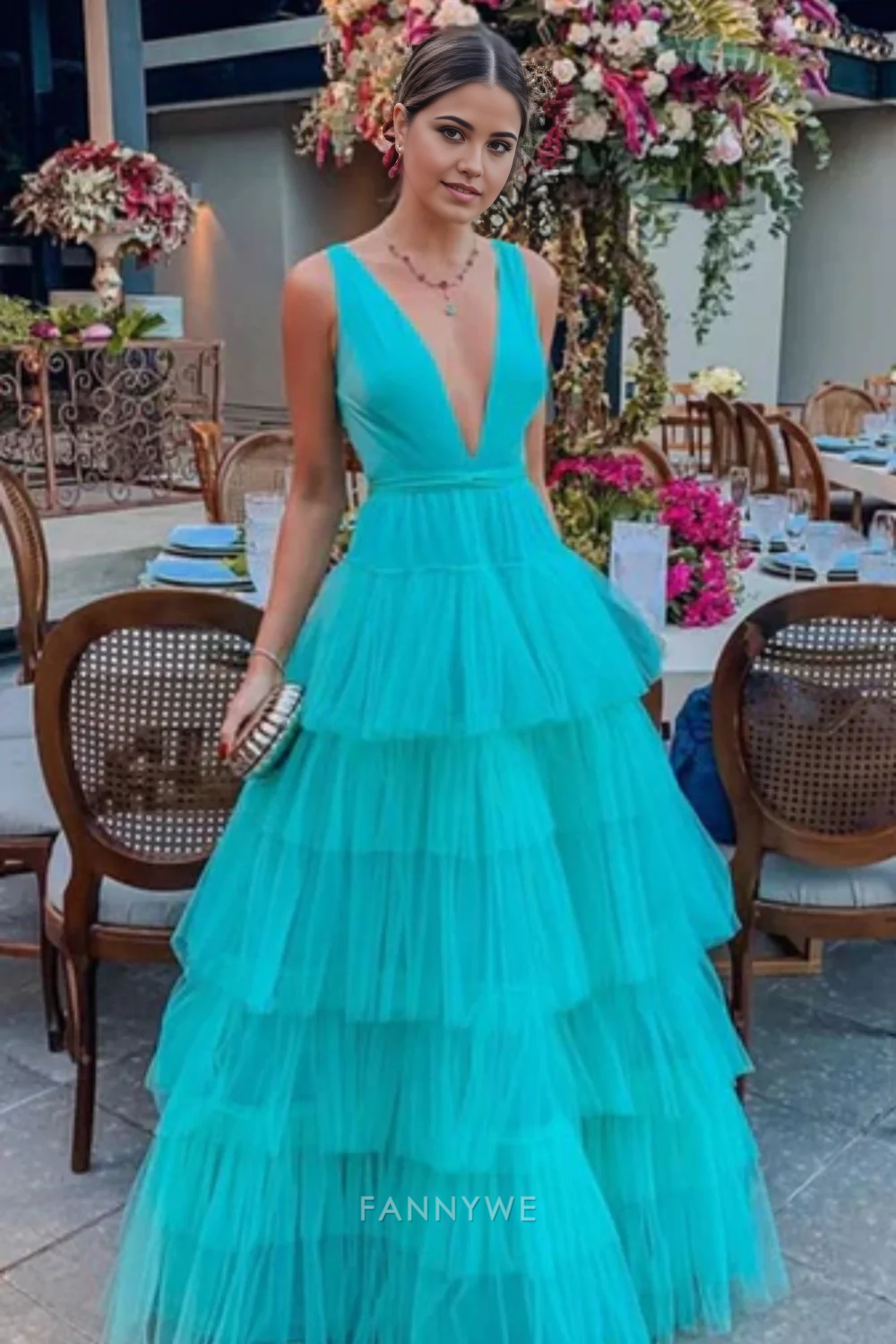 A-line V-neck elegant long floor-length tulle formal dresses Bridesmaid Dresses evening gown Prom Dress