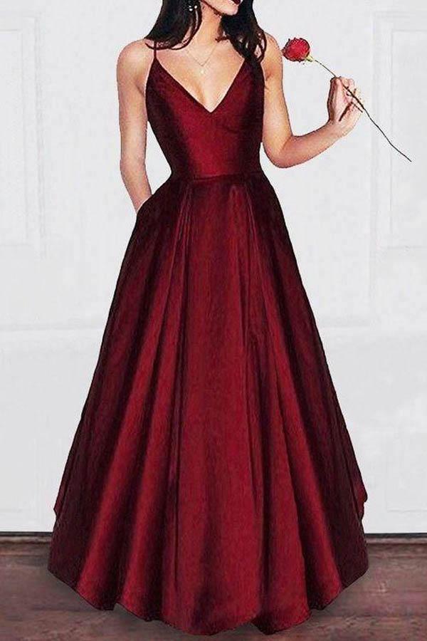 A-line V-neck Spaghetti Strap Prom Dresses