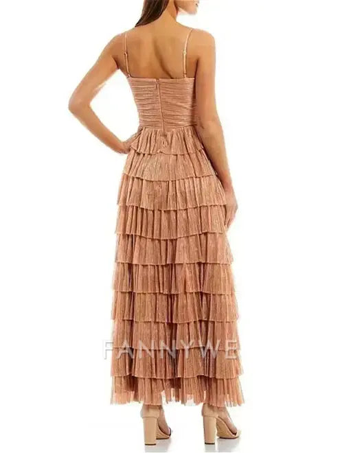 A-line elegant spaghetti strap long tulle tiered formal dresses Bridesmaid Dresses evening gown Prom Dress