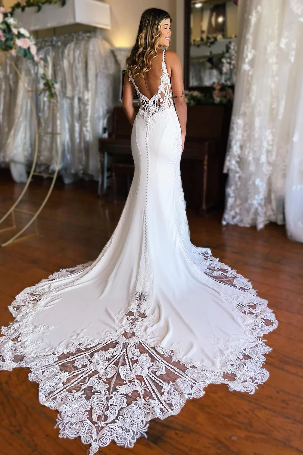 Boho Mermaid Spaghetti Straps Lace Long Wedding Dress