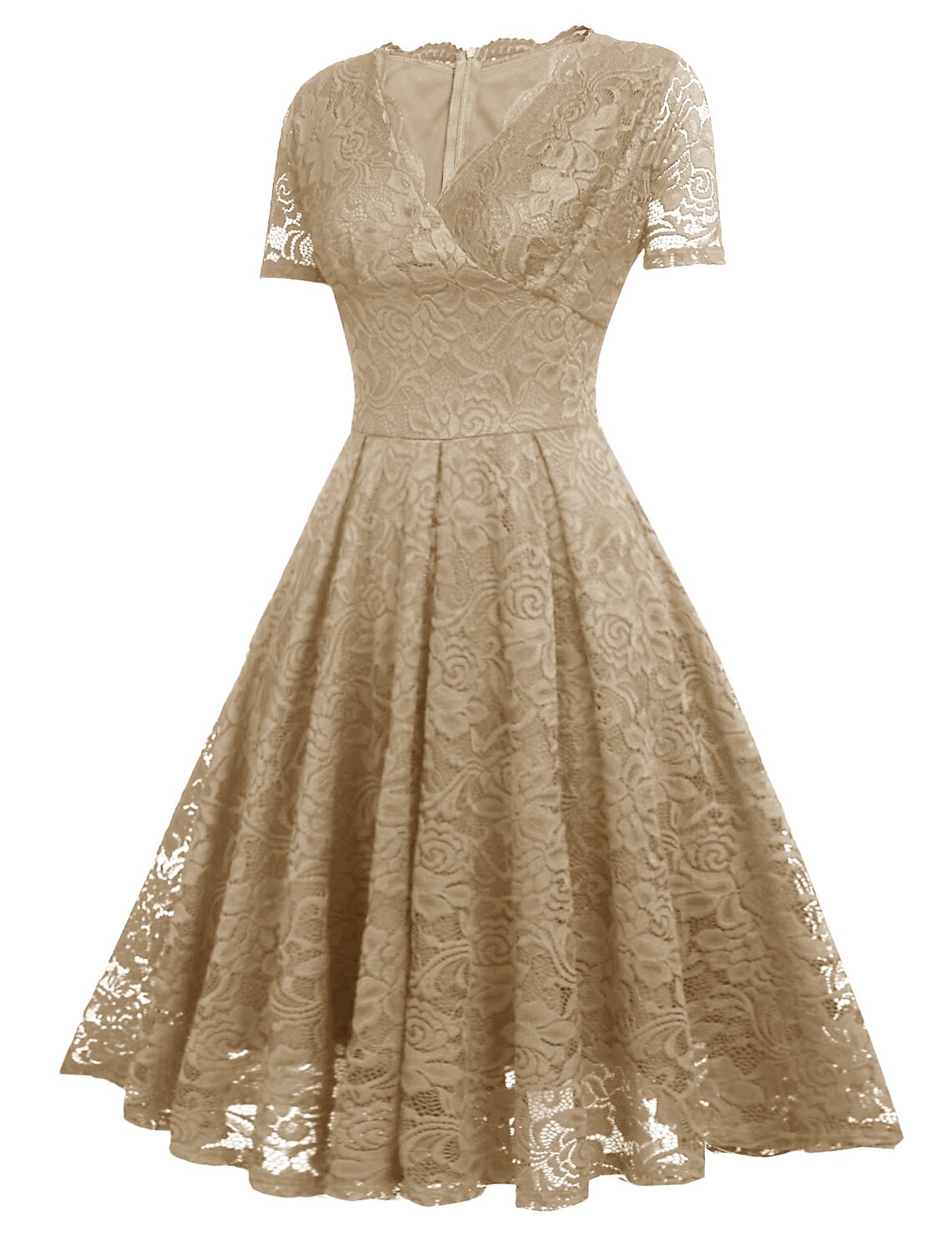 Vestidos de cóctel de corte A, minimalistas, para fiestas, hasta la rodilla, manga corta, escote en V, licra, con aplicación de encaje.