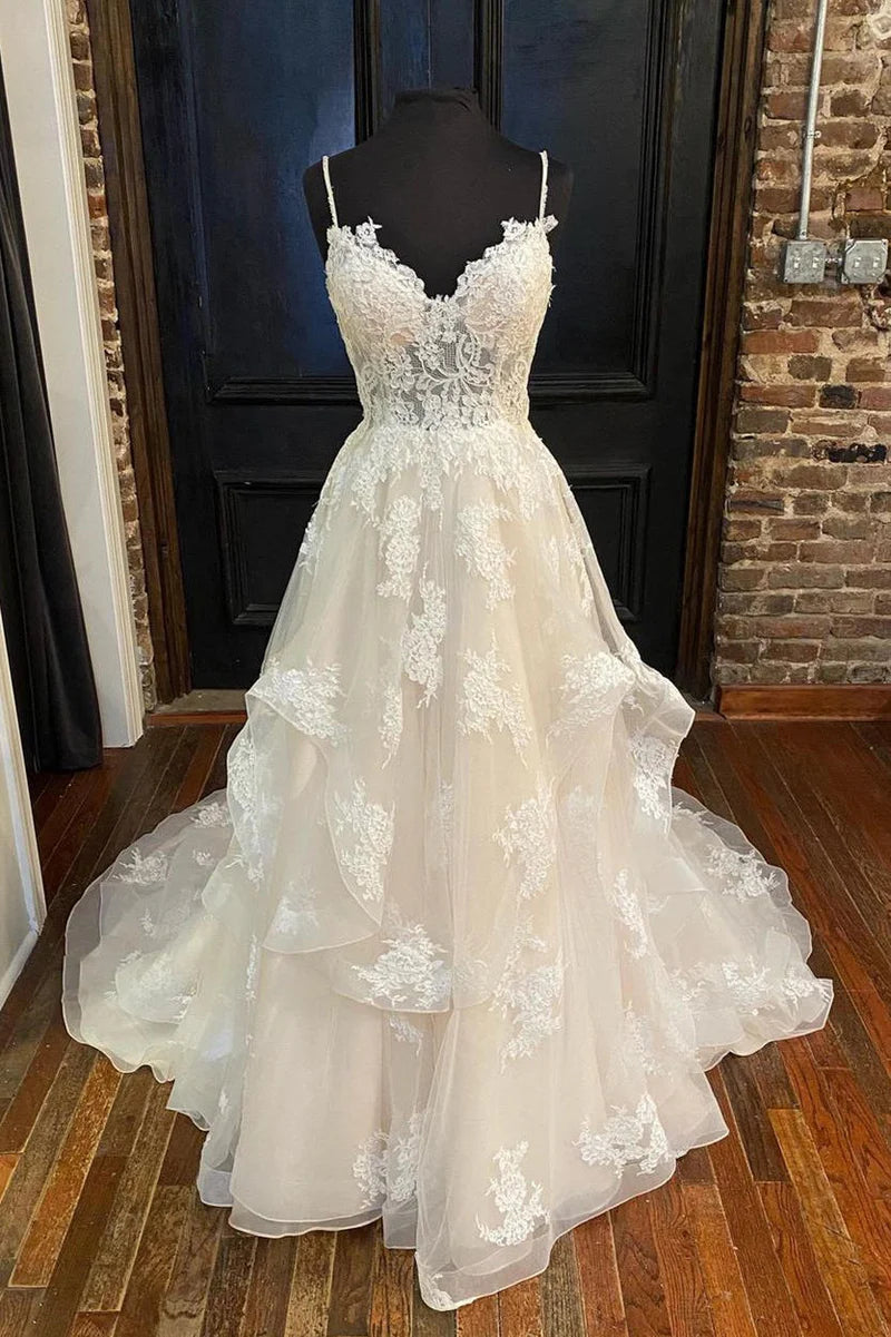 A-Line Straps Long Appliques Wedding Dress