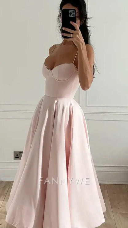 Vestido largo formal de corte A con tirantes finos en rosa claro, vestido de dama de honor, vestido de noche, vestido de fiesta 