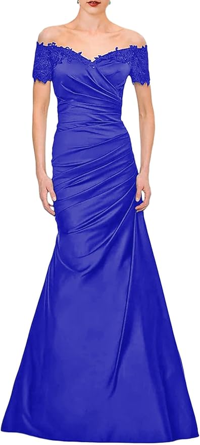 Mermaid Elegant Vintage Off-the-shoulder V-neck Satin Lace Ruffles Mother of the Bride Wedding Guest Dress