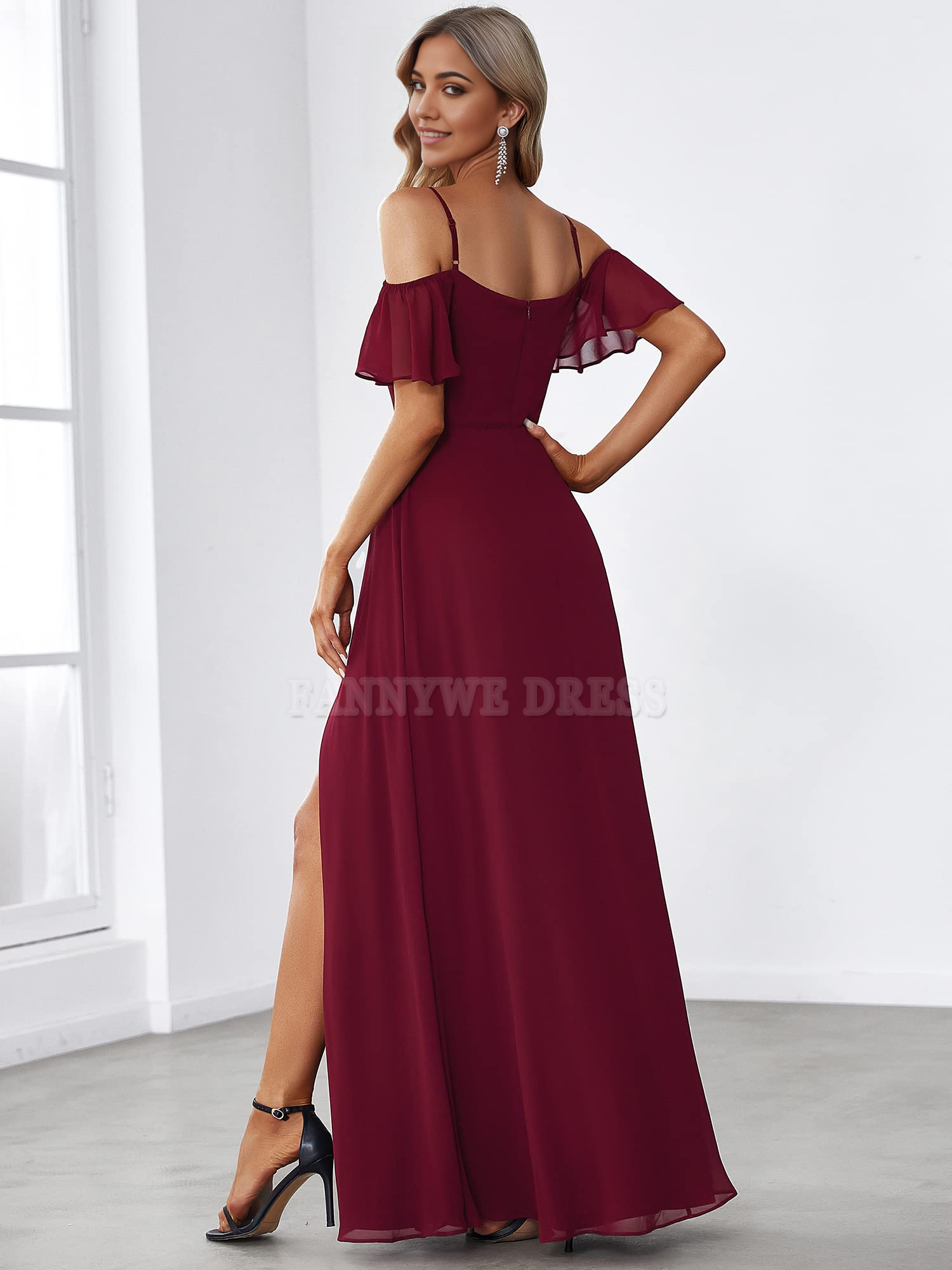 A-Line Off Shoulder Short Sleeve Split Floor Length formal dresses Bridesmaid Dresses evening gown Prom Dress