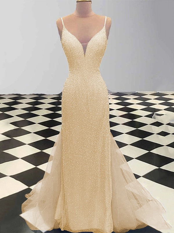 Sheath/Column Spaghetti Straps Sleeveless Tulle Sequin Sweep/Brush Train Dresses