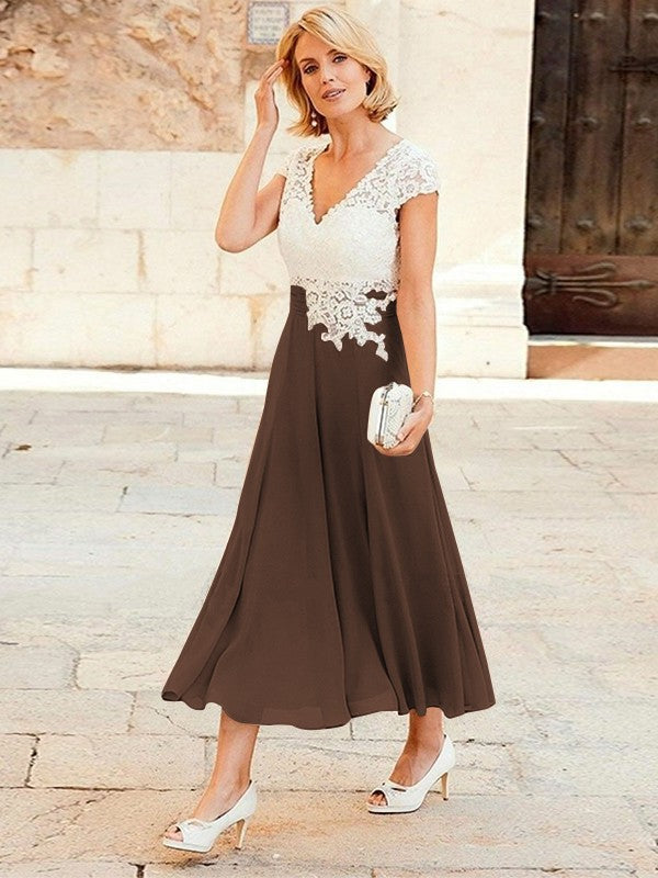 A-Line/Princess Chiffon Applique V-neck Short Sleeves Tea-Length Mother of the Bride Dresses
