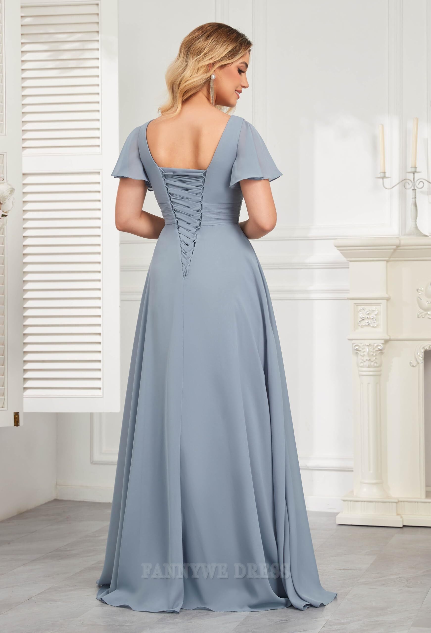 Vestido formal de gasa con escote en V y mangas onduladas para dama de honor, vestido de noche, vestido de fiesta con abertura lateral 