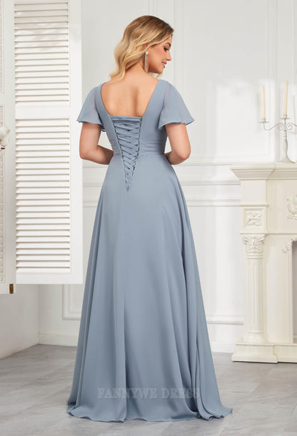 A Line V Neck Flutter Sleeve Chiffon formal dresses Bridesmaid Dresses evening gown Prom Dress With Side Slit