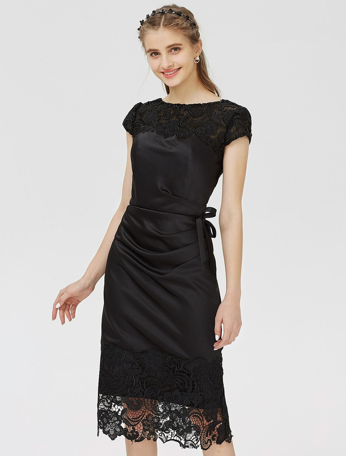 Sheath / Column Bridesmaid Dress Bateau Neck Short Sleeve Knee Length Satin / Corded Lace with Bows / Sash / Ribbon / Appliques