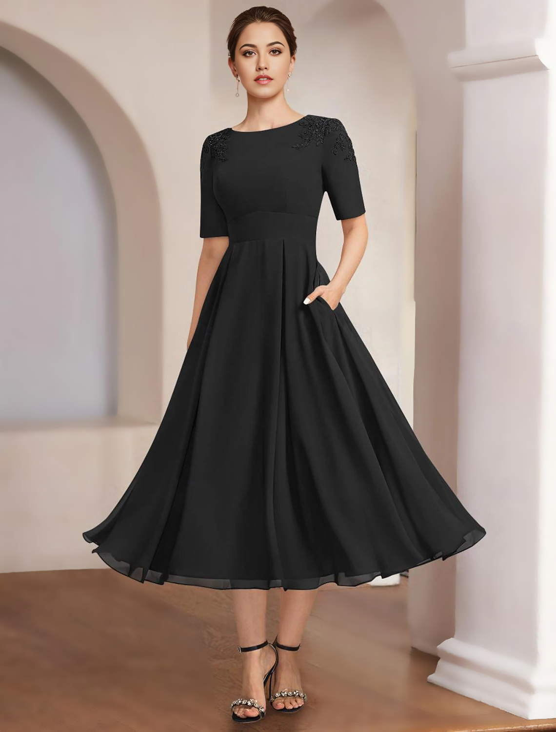 A-Line Mother of the Bride Dress Formal Elegant Bateau Neck Tea Length Chiffon Half Sleeve with Lace free custom size