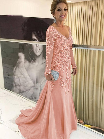 Sheath/Column Tulle Applique V-neck Long Sleeves Sweep/Brush Train Mother of the Bride Dresses