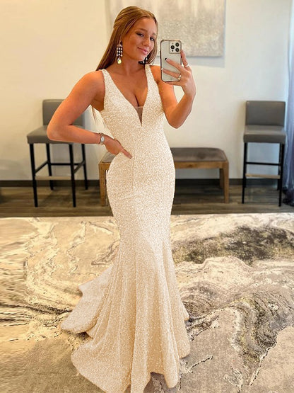 Sheath/Column Velvet Sequins Ruffles V-neck Sleeveless Sweep/Brush Train Dresses