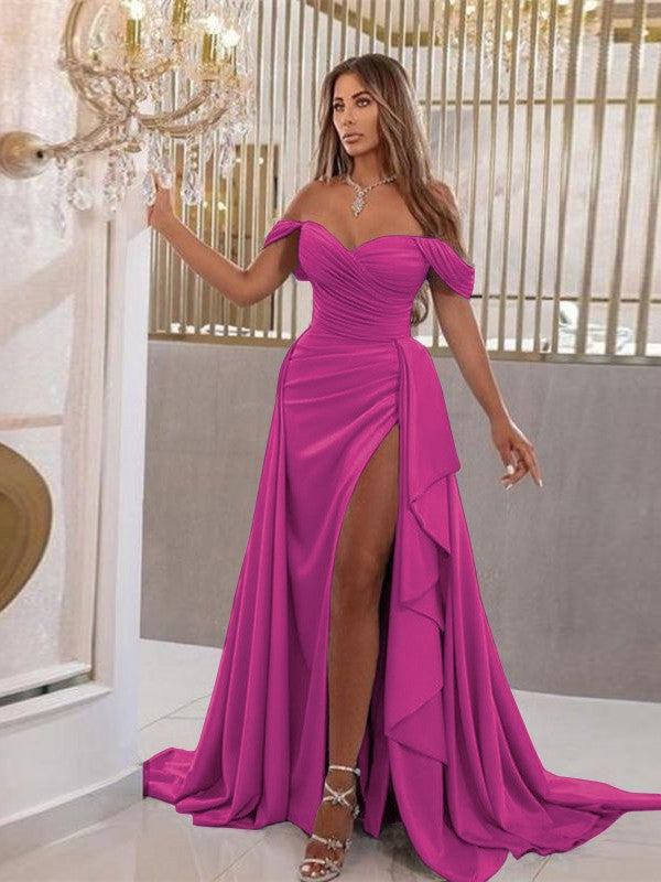 Sheath/Column Jersey Ruched Off-the-Shoulder Sleeveless Sweep/Brush Train Dresses