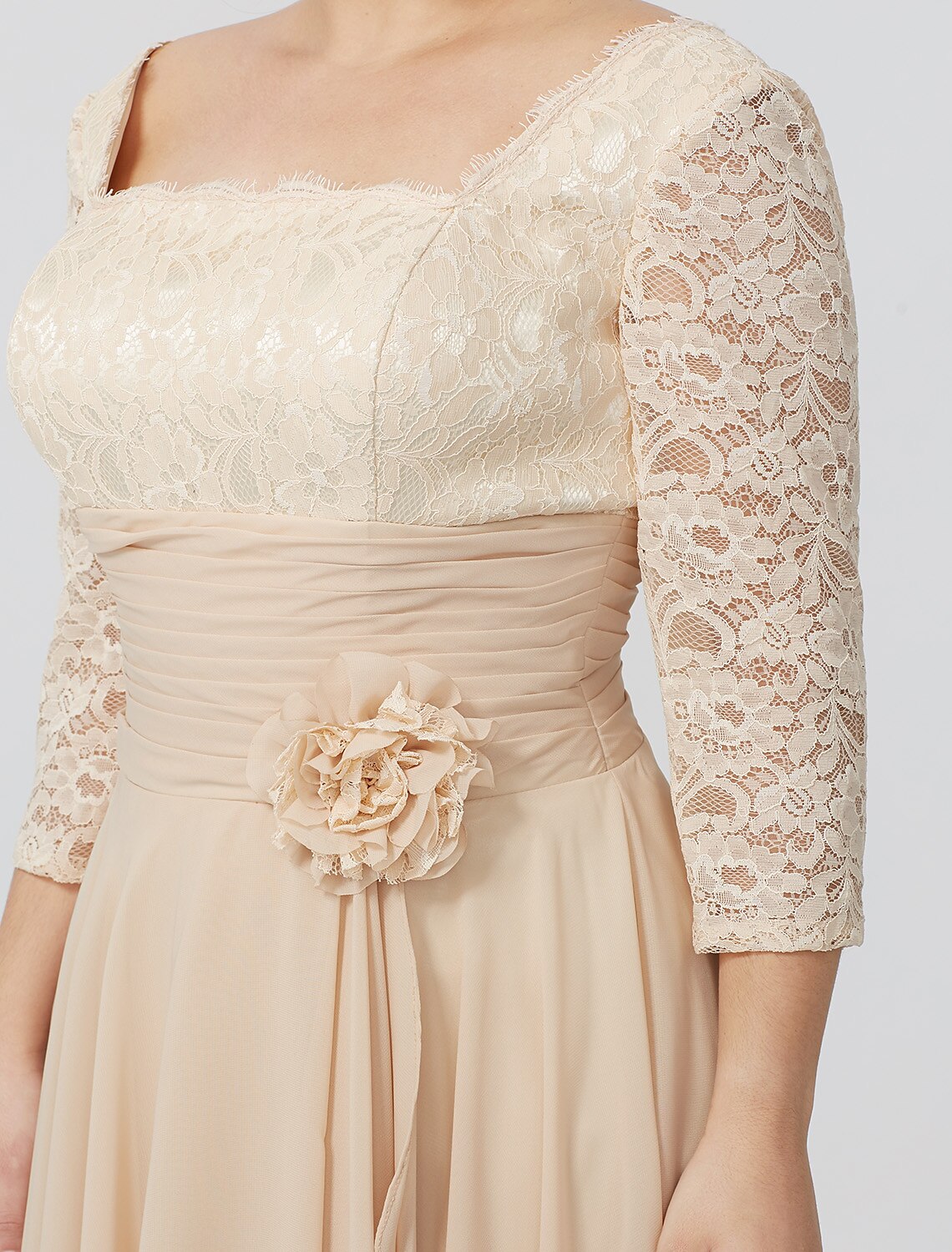 Etuikleid/Säulenkleid für die Mutter der Braut, formell, klassisch und zeitlos, elegant und luxuriös, Übergröße, quadratischer Ausschnitt, bodenlang, Chiffon, metallische Spitze, 3/4-Ärmel, nein, mit Schärpe/Blumenband