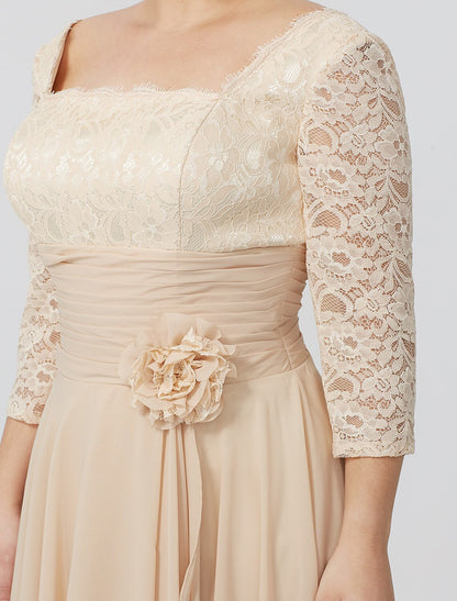 Etuikleid/Säulenkleid für die Mutter der Braut, formell, klassisch und zeitlos, elegant und luxuriös, Übergröße, quadratischer Ausschnitt, bodenlang, Chiffon, metallische Spitze, 3/4-Ärmel, nein, mit Schärpe/Blumenband