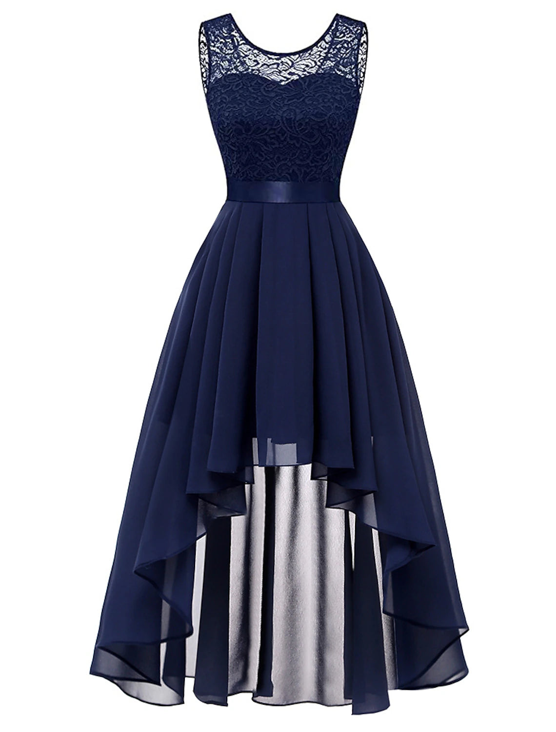 Vestidos de cóctel de corte A, vestido vintage, vestido de fiesta, asimétrico, sin mangas, cuello joya, gasa con pliegues, inserción de encaje, color puro