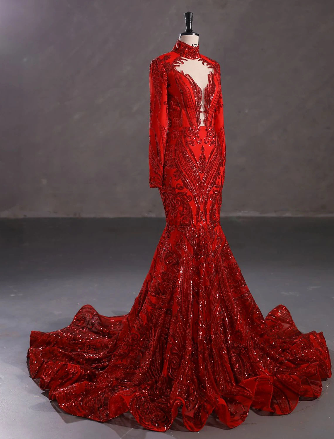 Mermaid / Trumpet Evening Gown Elegant Dress Engagement Court Train Long Sleeve Stand Collar Lace with Sequin