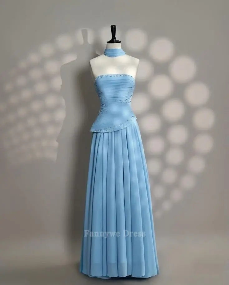 A-Line Elegant Strapless Blue Long formal dresses Bridesmaid Dresses evening gown Prom Dress