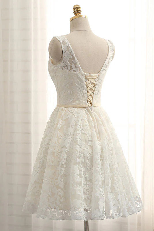 Round neck lace short prom dress