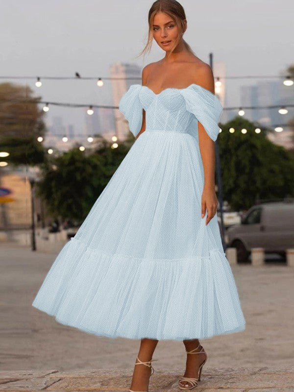A-Line/Princess Tulle Ruffles Off-the-Shoulder Sleeveless Tea-Length Homecoming Dresses