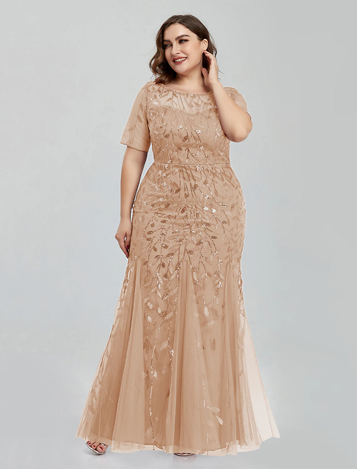 Vestido de noche estilo sirena/trompeta, estilo imperio, para regreso a casa, largo hasta el suelo, manga corta, cuello joya, tul con bordado