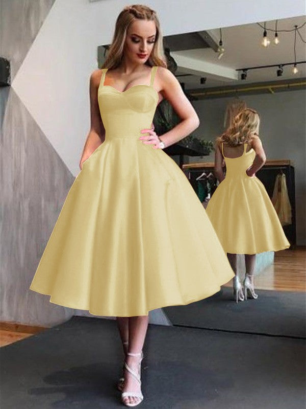 A-Line Straps Satin Sleeveless With Ruffles Tea-Length Dresses